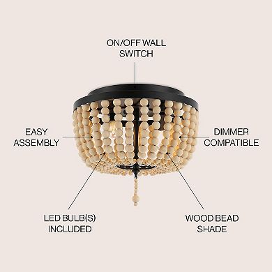 Allison 10" 2-light Shabby Chic Farmhouse Wood Beaded/metal Led Flush Mount, White