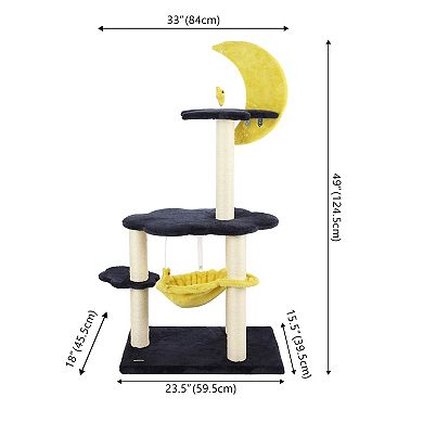 Aurora 49" 3-tier Modern Sisal Moon And Stars Cat Tree, Scratching Posts, Basket, Fuzzy Bell Toys