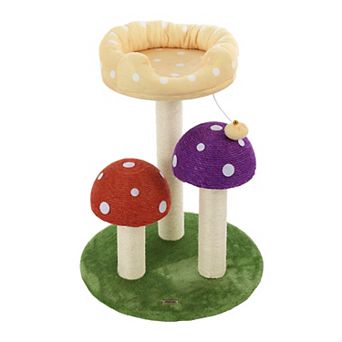 22.5" 3 tier Cottage Sisal Mushroom Cat Tree, Scratching Posts, Napping Perch, And Dangling Bell Toy