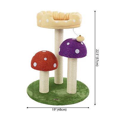 22.5" 3-tier Cottage Sisal Mushroom Cat Tree, Scratching Posts, Napping Perch, And Dangling Bell Toy