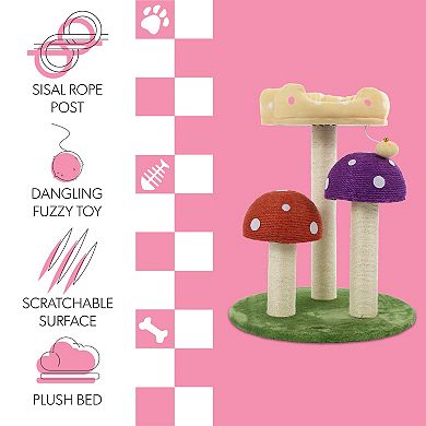22.5" 3-tier Cottage Sisal Mushroom Cat Tree, Scratching Posts, Napping Perch, And Dangling Bell Toy