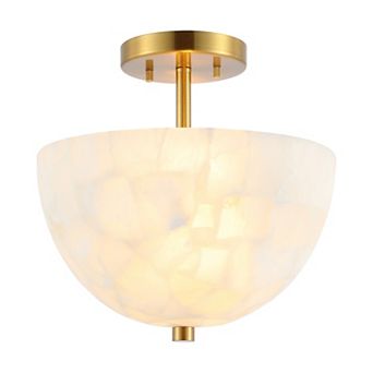 Celine 11.88" 2-light Alabaster/iron Inverted Dome Led Semi Flush Mount, White Marbling/brass Gold