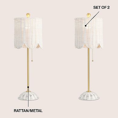 Celerie 27.5" Coastal Rattan/Iron Scalloped Buffet LED Table Lamp with Pull Chain, (Set of 2)