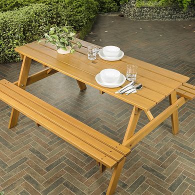Shoreham 59" Modern Classic Outdoor Wood Picnic Table Benches With Umbrella Hole