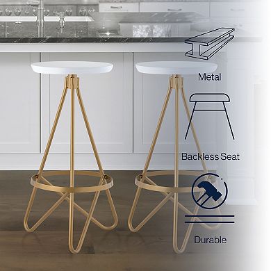 Spiroa 30" Modern Industrial Metal Backless Circular Bar Stool, White Seat With Gold Frame