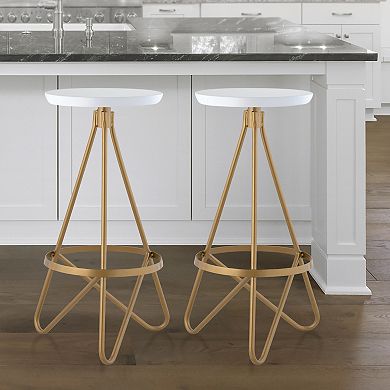 Spiroa 30" Modern Industrial Metal Backless Circular Bar Stool, White Seat With Gold Frame