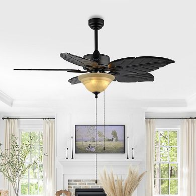 Poinciana 52" 3-light Coastal Bohemian Iron/wood Palm Leaf Led Ceiling Fan With Pull Chain, Black