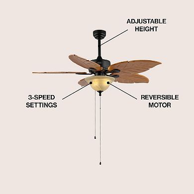 Poinciana 52" 3-light Coastal Bohemian Iron/wood Palm Leaf Led Ceiling Fan With Pull Chain, Black