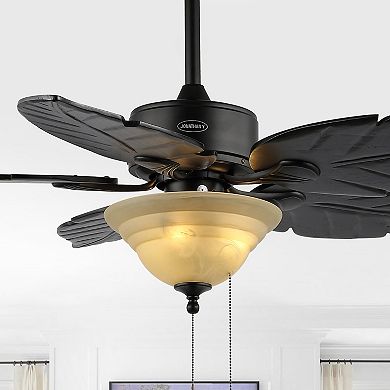 Poinciana 52" 3-light Coastal Bohemian Iron/wood Palm Leaf Led Ceiling Fan With Pull Chain, Black