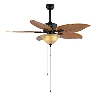 Poinciana 52" 3-light Coastal Bohemian Iron/wood Palm Leaf Led Ceiling Fan With Pull Chain, Black
