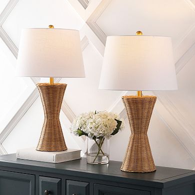 Laura 27" Coastal Designer Iron/rattan Wicker Led Table Lamp, Natural (set Of 2)