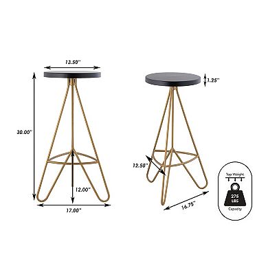 Trinity 30" Modern Industiral Iron Tripod Backless Bar Stool, Black Seat With Gold Frame