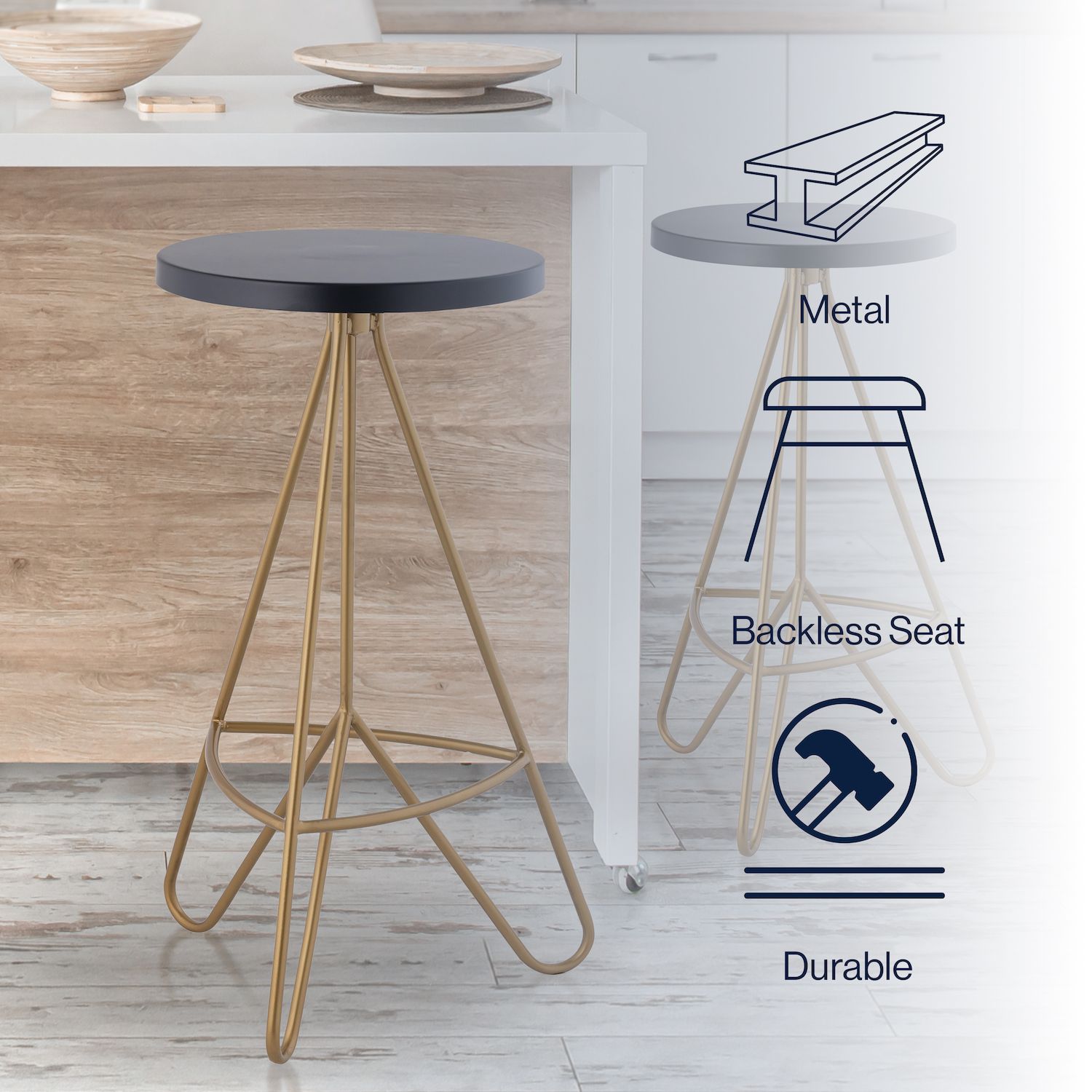 Product features overlay: metal backless seat durable design and stool on white background