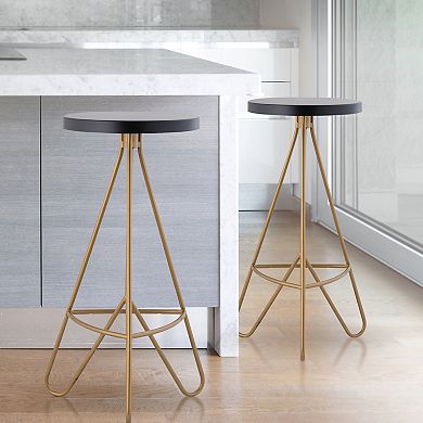 Trinity 30" Modern Industiral Iron Tripod Backless Bar Stool, Black Seat With Gold Frame