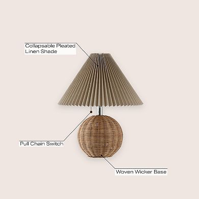 17.25" Coastal Scandinavian Rattan/iron Sphere Led Table Lamp With Pleated Shade And Pull Chain