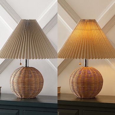 17.25" Coastal Scandinavian Rattan/iron Sphere Led Table Lamp With Pleated Shade And Pull Chain