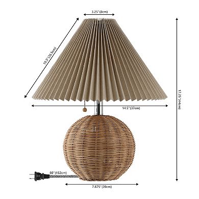 17.25" Coastal Scandinavian Rattan/iron Sphere Led Table Lamp With Pleated Shade And Pull Chain