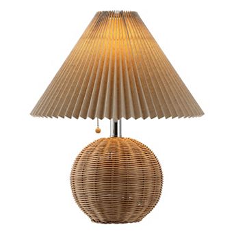 17.25" Coastal Scandinavian Rattan/iron Sphere Led Table Lamp With Pleated Shade And Pull Chain