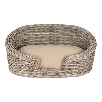 Curvy 33" X 21.25" Classic Handwoven Rattan Dog Bed With Machine-washable Cushion