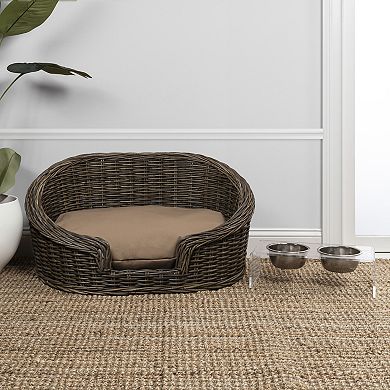 Curvy 33" X 21.25" Classic Handwoven Rattan Dog Bed With Machine-washable Cushion
