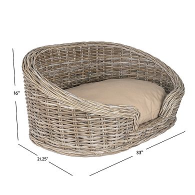 Curvy 33" X 21.25" Classic Handwoven Rattan Dog Bed With Machine-washable Cushion