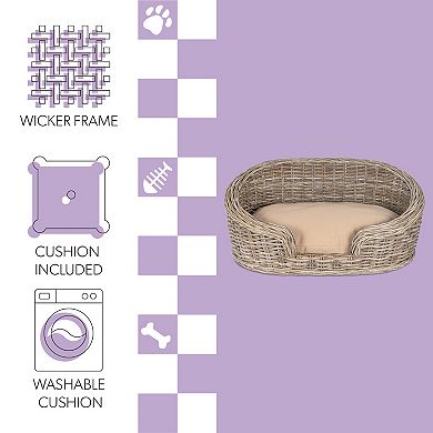 Curvy 33" X 21.25" Classic Handwoven Rattan Dog Bed With Machine-washable Cushion