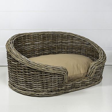Curvy 33" X 21.25" Classic Handwoven Rattan Dog Bed With Machine-washable Cushion