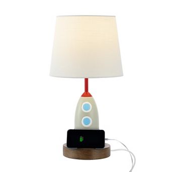 17.5 Style Iron/resin Rocket Led Kids' Table Lamp With Phone Stand, Usb Charging Port, Multi-color