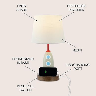 17.5 Style Iron/resin Rocket Led Kids' Table Lamp With Phone Stand, Usb Charging Port, Multi-color