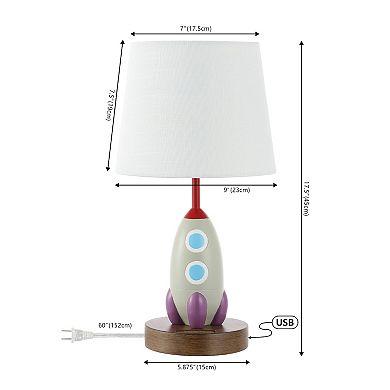 17.5 Style Iron/resin Rocket Led Kids' Table Lamp With Phone Stand, Usb Charging Port, Multi-color