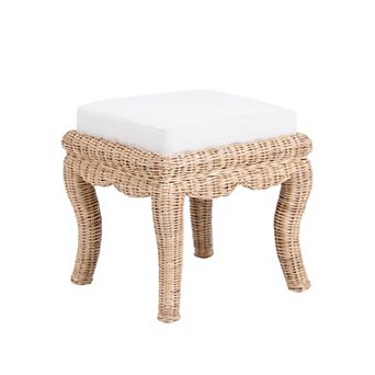 Rowan 19.7" Bohemian Designer Woven Rattan/wood Vanity Stool, White Cushion With Natural Frame