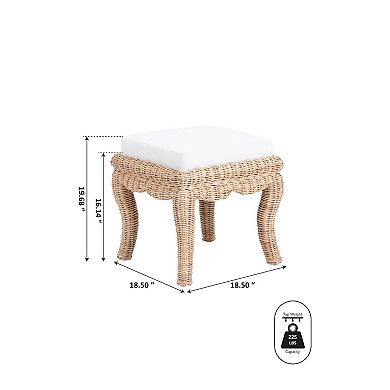 Rowan 19.7" Bohemian Designer Woven Rattan/wood Vanity Stool, White Cushion With Natural Frame