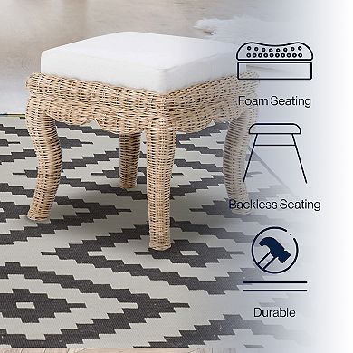 Rowan 19.7" Bohemian Designer Woven Rattan/wood Vanity Stool, White Cushion With Natural Frame
