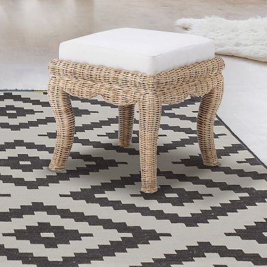 Rowan 19.7" Bohemian Designer Woven Rattan/wood Vanity Stool, White Cushion With Natural Frame