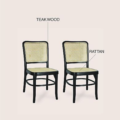 Cinoma Mid-Century Teak Wood & Woven Rattan Cane Back Dining Chairs, Armless Side Chairs