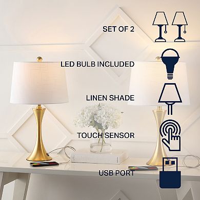 22.75" Modern Glam Iron Hourglass Led Table Lamp With Usb Charging Port, Brass Gold (set Of 2)