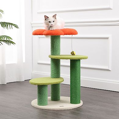 Poppy 29" 3-tier Modern Jute Flower Cat Tree With Dangling Toy