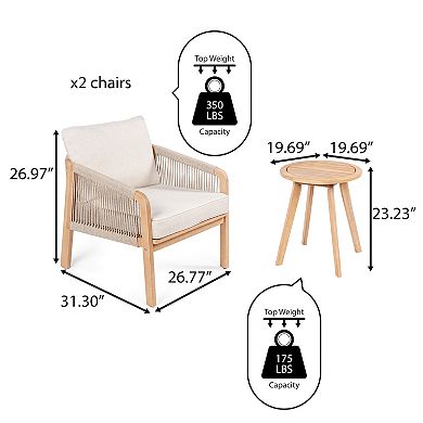 Aveiro 3-Piece Modern Bohemian Roped Corner Acacia Wood Conversation Outdoor Patio Set with Cushions