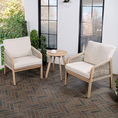 Aveiro 3-Piece Modern Bohemian Roped Corner Acacia Wood Conversation Outdoor Patio Set with Cushions