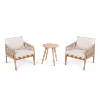 Aveiro 3 pc Modern Bohemian Roped Corner Acacia Wood Conversation Outdoor Patio Set with Cushions