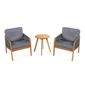 Aveiro 3 pc Modern Bohemian Roped Corner Acacia Wood Conversation Outdoor Patio Set with Cushions