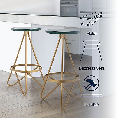 Spiroa 30" Modern Industrial Metal Backless Circular Bar Stool, Green Seat With Gold Frame