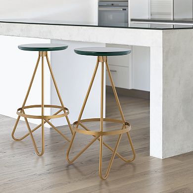 Spiroa 30" Modern Industrial Metal Backless Circular Bar Stool, Green Seat With Gold Frame