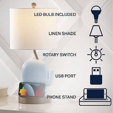 20.25" Bohemian Designer Iron/resin Elephant Led Kids' Table Lamp, Phone Stand, Usb Charging Port