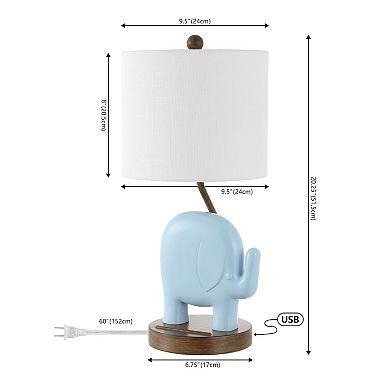 20.25" Bohemian Designer Iron/resin Elephant Led Kids' Table Lamp, Phone Stand, Usb Charging Port