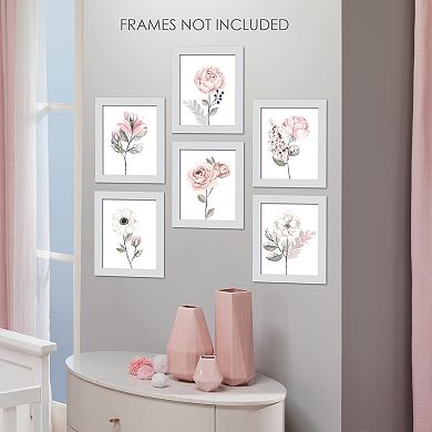 Lambs & Ivy Watercolor Floral Unframed Nursery Child Wall Art 6pc - Pink/gray