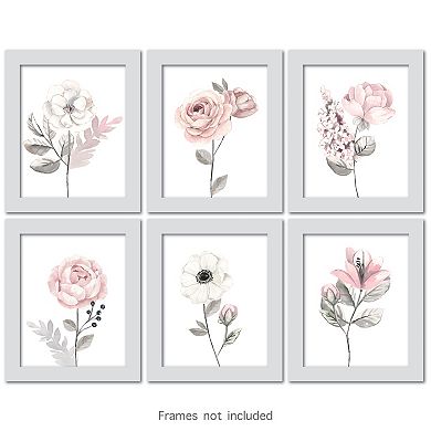 Lambs & Ivy Watercolor Floral Unframed Nursery Child Wall Art 6pc - Pink/gray