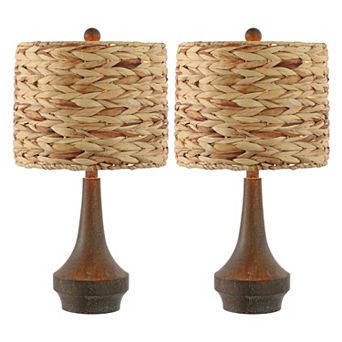 Theodore 21" Rustic Farmhouse Handwoven Rattan/resin Led Table Lamp, Brown Wood Finish (set Of 2)