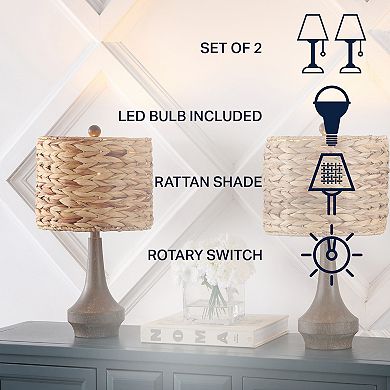 Theodore 21" Rustic Farmhouse Handwoven Rattan/resin Led Table Lamp, Brown Wood Finish (set Of 2)