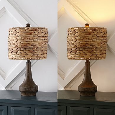 Theodore 21" Rustic Farmhouse Handwoven Rattan/resin Led Table Lamp, Brown Wood Finish (set Of 2)